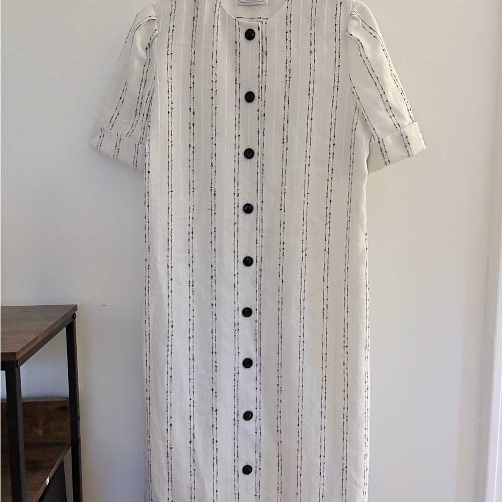 Vintage Casual Stripe Midi Shirt Dress